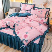 HKM-111763 Cotton 4-Piece Double Lace Bed Sheet Duvet Cover Set with Floral Pattern