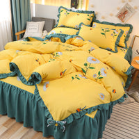 HKM-111763 Cotton 4-Piece Double Lace Bed Sheet Duvet Cover Set with Floral Pattern