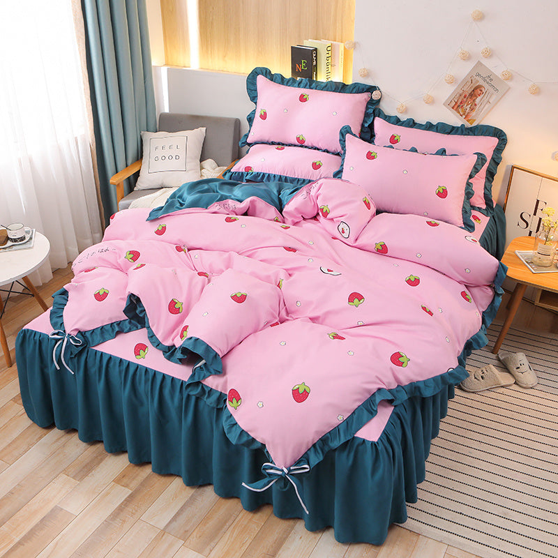 HKM-111763 Cotton 4-Piece Double Lace Bed Sheet Duvet Cover Set with Floral Pattern