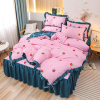 HKM-111763 Cotton 4-Piece Double Lace Bed Sheet Duvet Cover Set with Floral Pattern