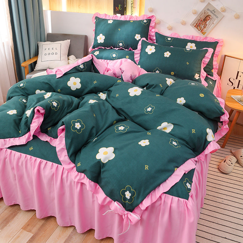 HKM-111763 Cotton 4-Piece Double Lace Bed Sheet Duvet Cover Set with Floral Pattern