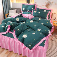 HKM-111763 Cotton 4-Piece Double Lace Bed Sheet Duvet Cover Set with Floral Pattern