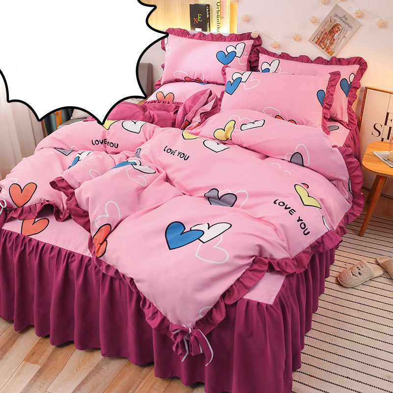 HKM-111763 Cotton 4-Piece Double Lace Bed Sheet Duvet Cover Set with Floral Pattern