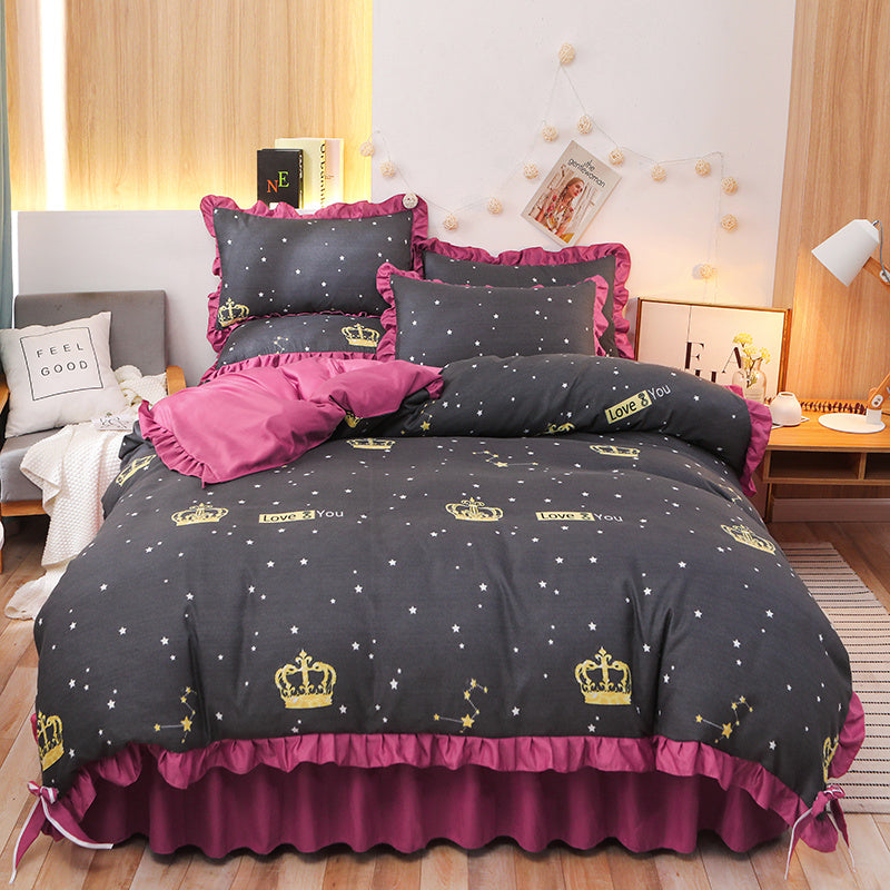 HKM-111763 Cotton 4-Piece Double Lace Bed Sheet Duvet Cover Set with Floral Pattern