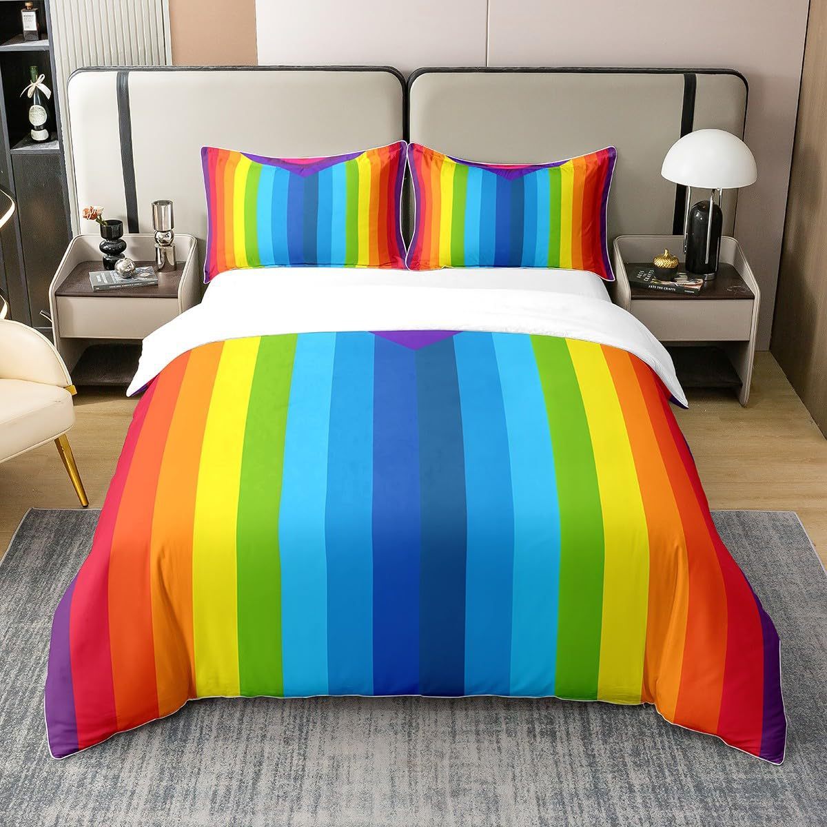 HKM-111763 Rainbow Striped Print Down Quilt Cover Set - Modern Three-Piece Bedding Ensemble