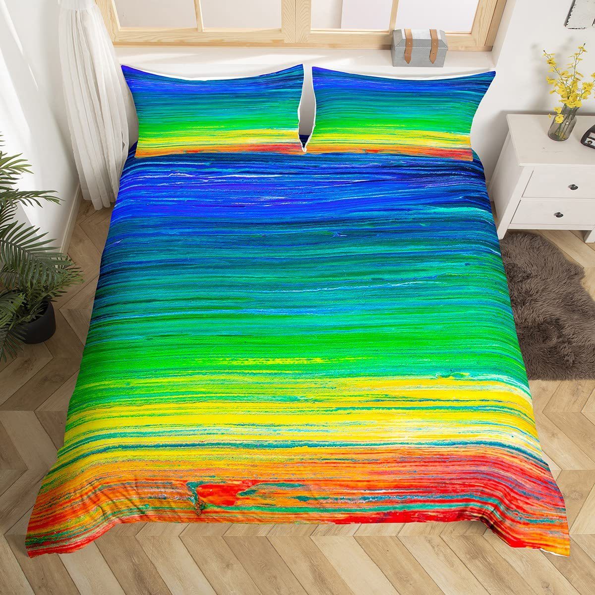 HKM-111763 Rainbow Striped Print Down Quilt Cover Set - Modern Three-Piece Bedding Ensemble