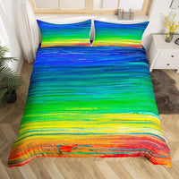 HKM-111763 Rainbow Striped Print Down Quilt Cover Set - Modern Three-Piece Bedding Ensemble