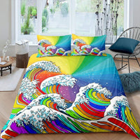 HKM-111763 Rainbow Striped Print Down Quilt Cover Set - Modern Three-Piece Bedding Ensemble