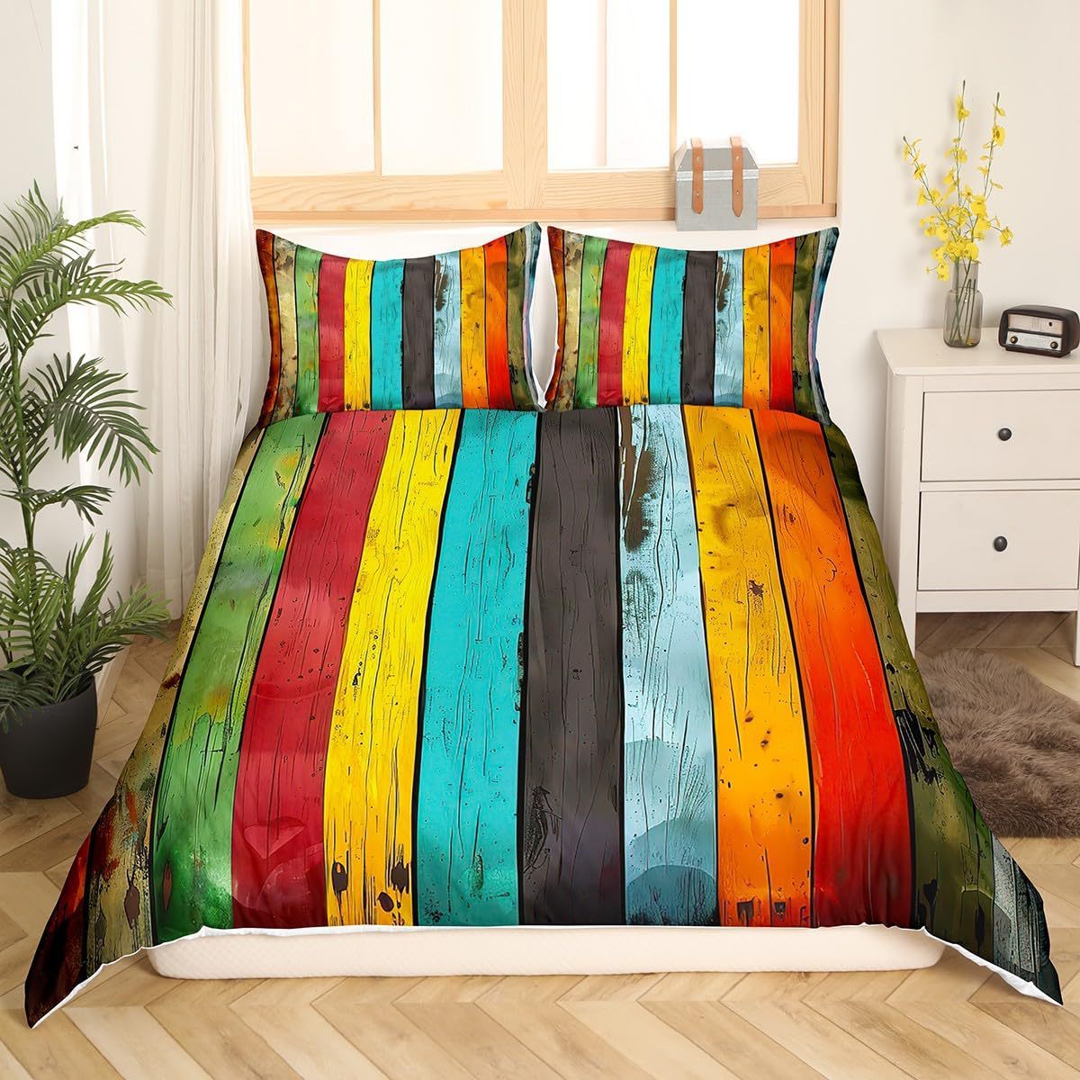 HKM-111763 Rainbow Striped Print Down Quilt Cover Set - Modern Three-Piece Bedding Ensemble