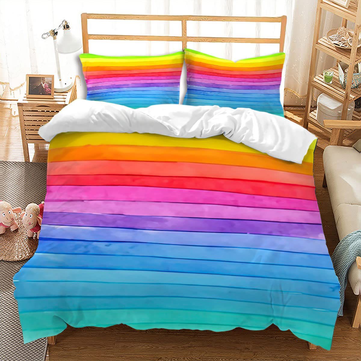 HKM-111763 Rainbow Striped Print Down Quilt Cover Set - Modern Three-Piece Bedding Ensemble
