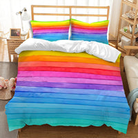 HKM-111763 Rainbow Striped Print Down Quilt Cover Set - Modern Three-Piece Bedding Ensemble