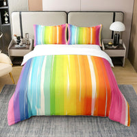 HKM-111763 Rainbow Striped Print Down Quilt Cover Set - Modern Three-Piece Bedding Ensemble