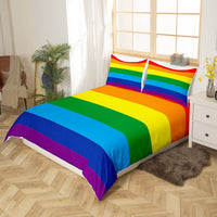 HKM-111763 Rainbow Striped Print Down Quilt Cover Set - Modern Three-Piece Bedding Ensemble