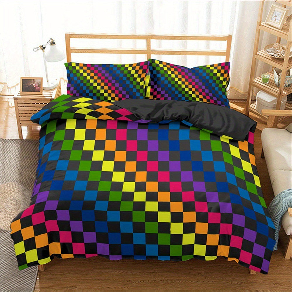 HKM-111763 Rainbow Striped Print Down Quilt Cover Set - Modern Three-Piece Bedding Ensemble