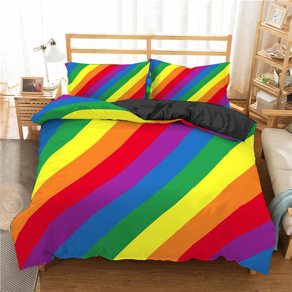 HKM-111763 Rainbow Striped Print Down Quilt Cover Set - Modern Three-Piece Bedding Ensemble