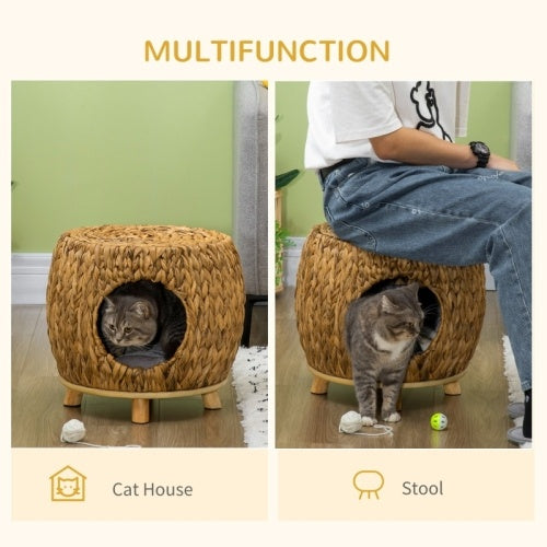HKM-111763 Wicker Cat Bed and Stool with Washable Cushion, 44 x 43 x 41 cm, Brown Rattan