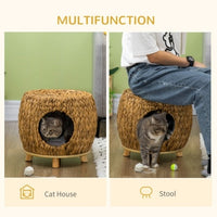 HKM-111763 Wicker Cat Bed and Stool with Washable Cushion, 44 x 43 x 41 cm, Brown Rattan