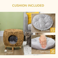 HKM-111763 Wicker Cat Bed and Stool with Washable Cushion, 44 x 43 x 41 cm, Brown Rattan