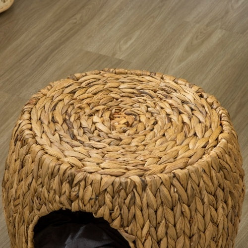 HKM-111763 Wicker Cat Bed and Stool with Washable Cushion, 44 x 43 x 41 cm, Brown Rattan