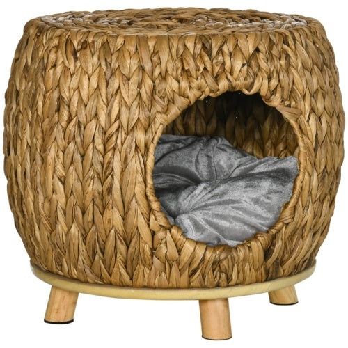 HKM-111763 Wicker Cat Bed and Stool with Washable Cushion, 44 x 43 x 41 cm, Brown Rattan