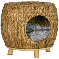 HKM-111763 Wicker Cat Bed and Stool with Washable Cushion, 44 x 43 x 41 cm, Brown Rattan