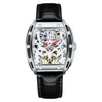 HKM-112275 Men's Automatic Mechanical Watch with Hollow Flywheel, Waterproof, Luminous Square Dial, Genuine Leather Strap