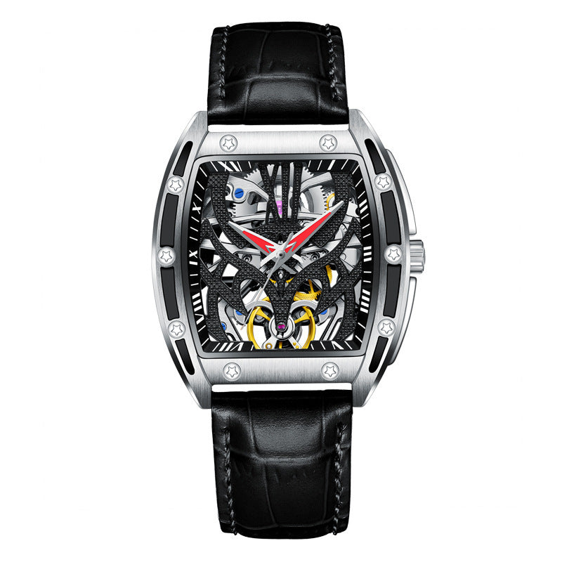 HKM-112275 Men's Automatic Mechanical Watch with Hollow Flywheel, Waterproof, Luminous Square Dial, Genuine Leather Strap