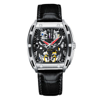 HKM-112275 Men's Automatic Mechanical Watch with Hollow Flywheel, Waterproof, Luminous Square Dial, Genuine Leather Strap