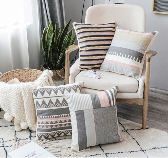 HKM-113043 Modern Cotton Canvas Embroidery Pillow - 45x45cm Fiber Filled Cushion