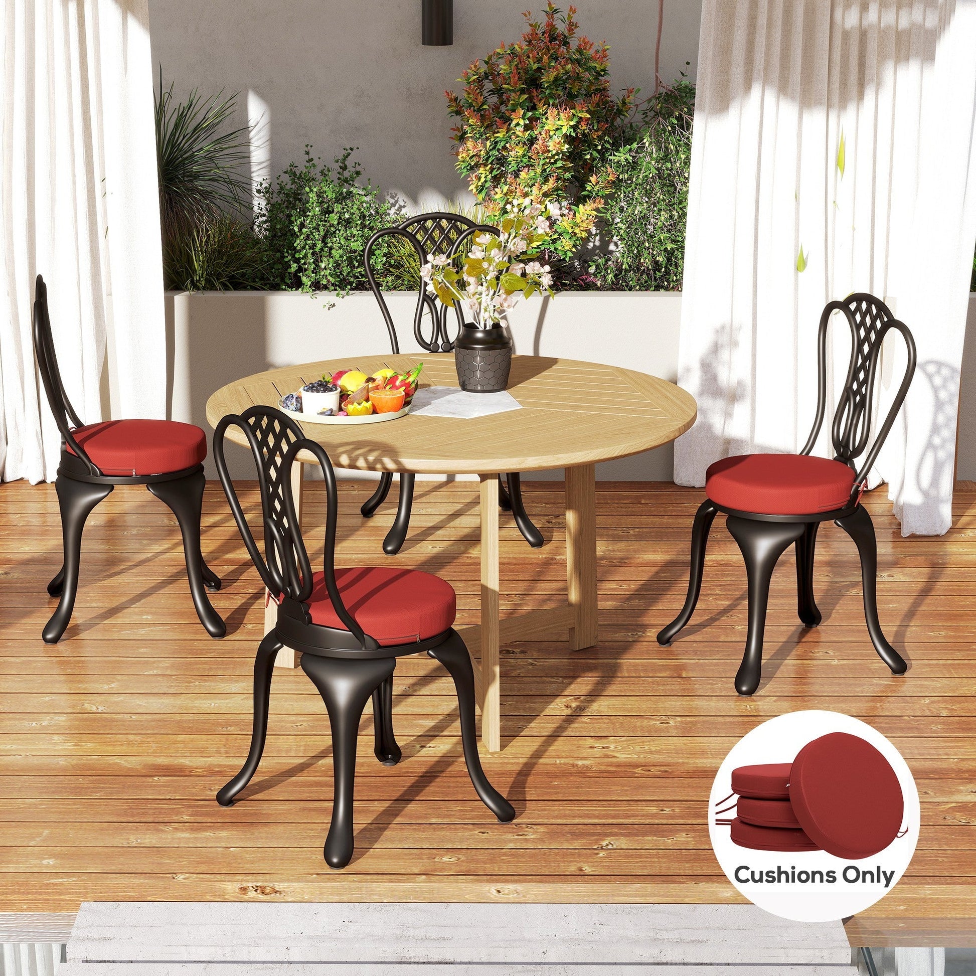 HKM-113299 Round Seat Cushions Set of 4 for Dining and Bistro Chairs, Wine Red, Machine Washable, 15 Diameter x 2.8 High