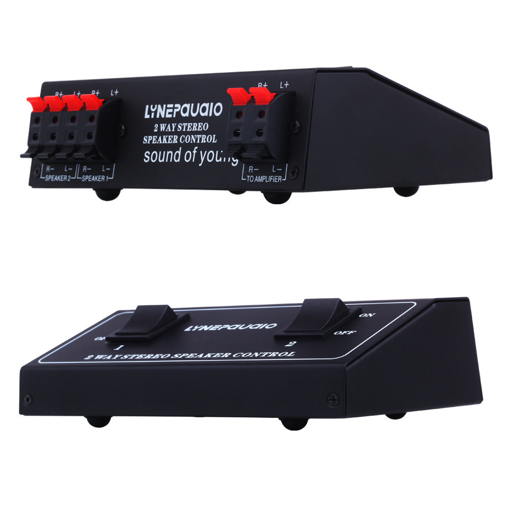 HKM-113619 One In Two Out Audio Signal Switcher with Heavy Rocker Arm and Color-Coded Push Terminals