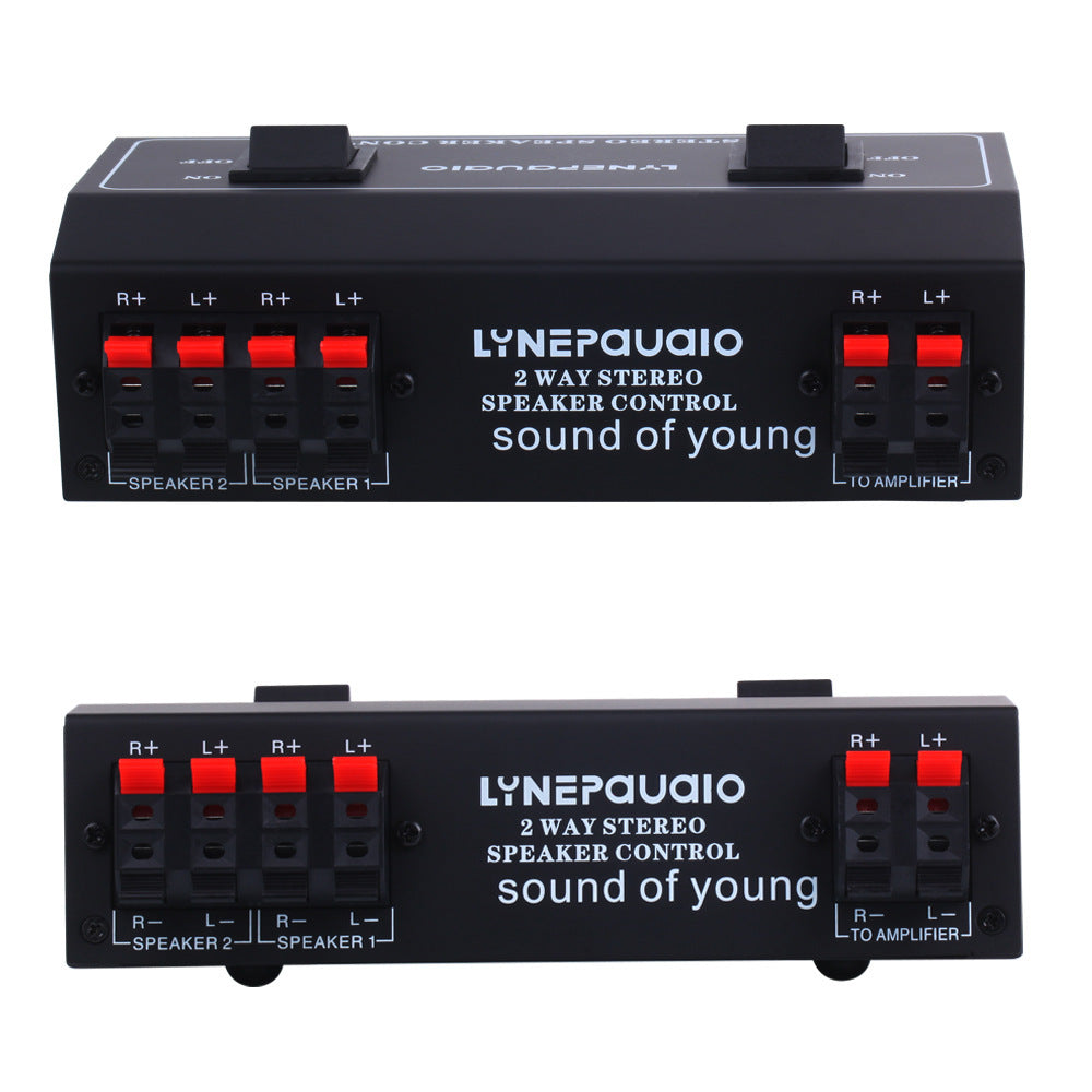 HKM-113619 One In Two Out Audio Signal Switcher with Heavy Rocker Arm and Color-Coded Push Terminals