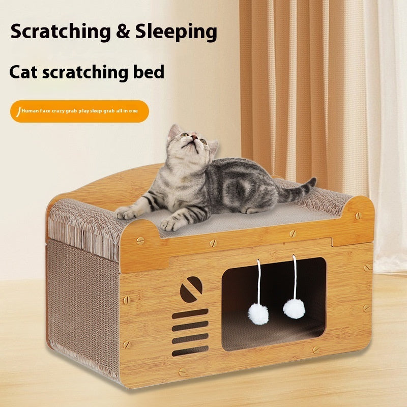 HKM-114195 Luxury Double Layer Corrugated Paper Cat House with Double Ball and Double Door Design
