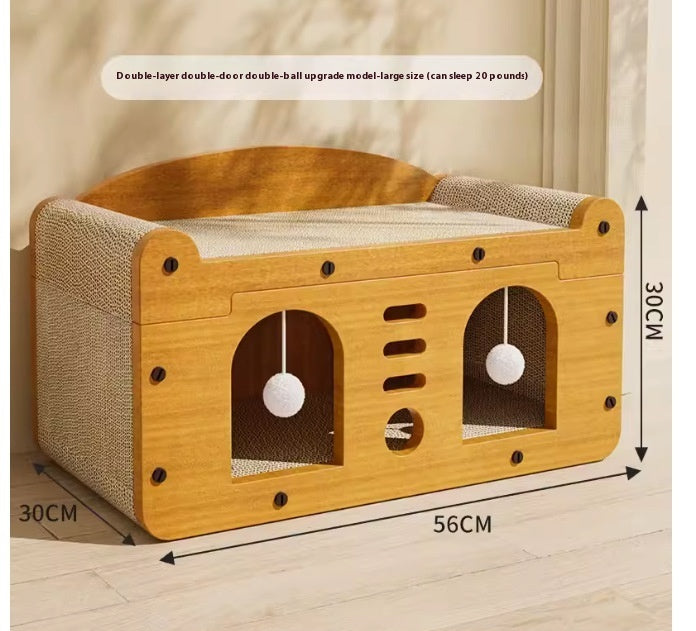 HKM-114195 Luxury Double Layer Corrugated Paper Cat House with Double Ball and Double Door Design