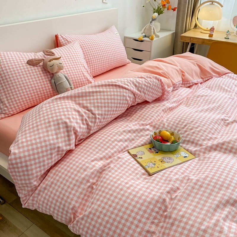 HKM-114387 Washed Cotton Japanese Plaid Bedding Set - Four-Piece Available in Multiple Color Combinations