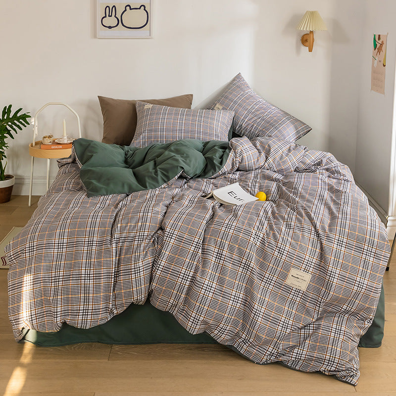 HKM-114387 Washed Cotton Japanese Plaid Bedding Set - Four-Piece Available in Multiple Color Combinations