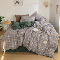 HKM-114387 Washed Cotton Japanese Plaid Bedding Set - Four-Piece Available in Multiple Color Combinations