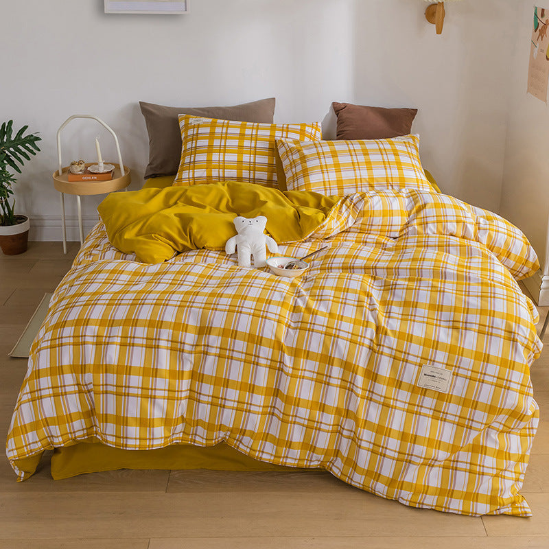 HKM-114387 Washed Cotton Japanese Plaid Bedding Set - Four-Piece Available in Multiple Color Combinations