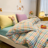 HKM-114387 Washed Cotton Japanese Plaid Bedding Set - Four-Piece Available in Multiple Color Combinations