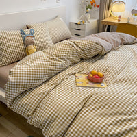 HKM-114387 Washed Cotton Japanese Plaid Bedding Set - Four-Piece Available in Multiple Color Combinations
