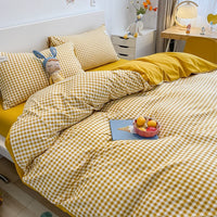 HKM-114387 Washed Cotton Japanese Plaid Bedding Set - Four-Piece Available in Multiple Color Combinations