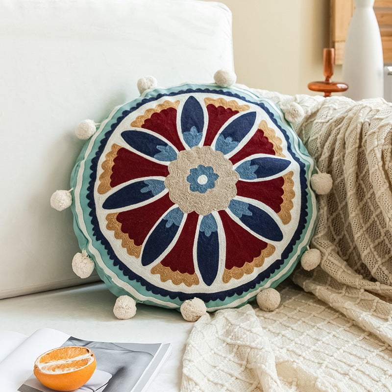 HKM-115027 Moroccan Hand-Embroidered Round Pillow Cover in Various Colors - 45cm