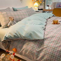 HKM-115219 Pure Color Washed Cotton Plaid Striped 4-Piece Sheet and Quilt Cover Bedding Set
