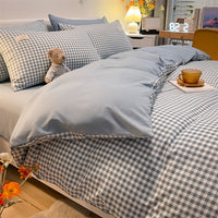 HKM-115219 Pure Color Washed Cotton Plaid Striped 4-Piece Sheet and Quilt Cover Bedding Set
