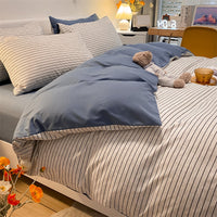 HKM-115219 Pure Color Washed Cotton Plaid Striped 4-Piece Sheet and Quilt Cover Bedding Set