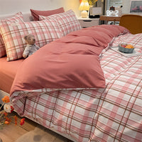 HKM-115219 Pure Color Washed Cotton Plaid Striped 4-Piece Sheet and Quilt Cover Bedding Set