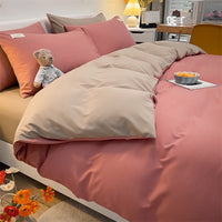 HKM-115219 Pure Color Washed Cotton Plaid Striped 4-Piece Sheet and Quilt Cover Bedding Set