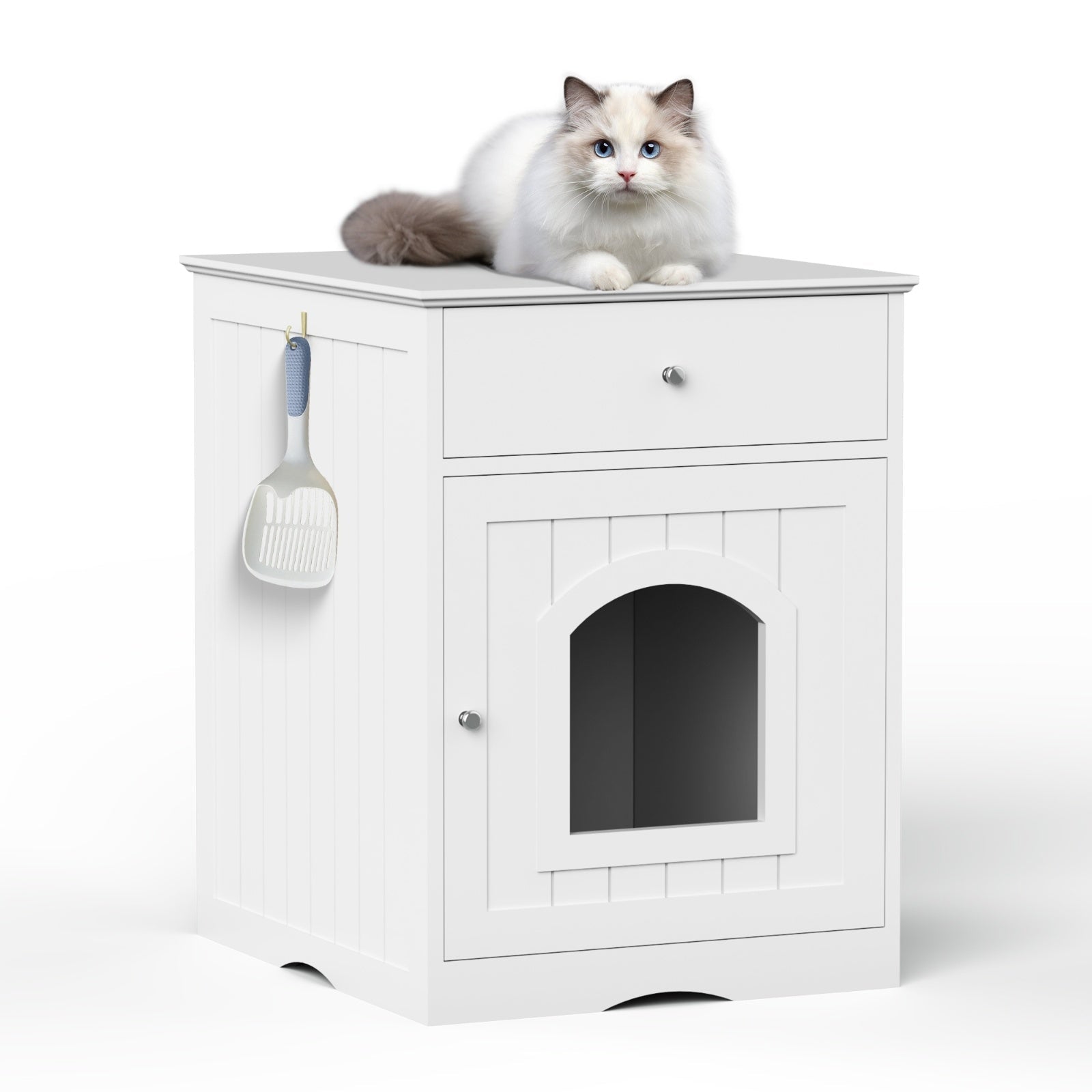 HKM-115219 Wooden Cat Litter Box Enclosure with Drawer, Indoor Pet Crate and Side Table - White