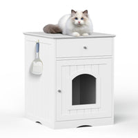 HKM-115219 Wooden Cat Litter Box Enclosure with Drawer, Indoor Pet Crate and Side Table - White