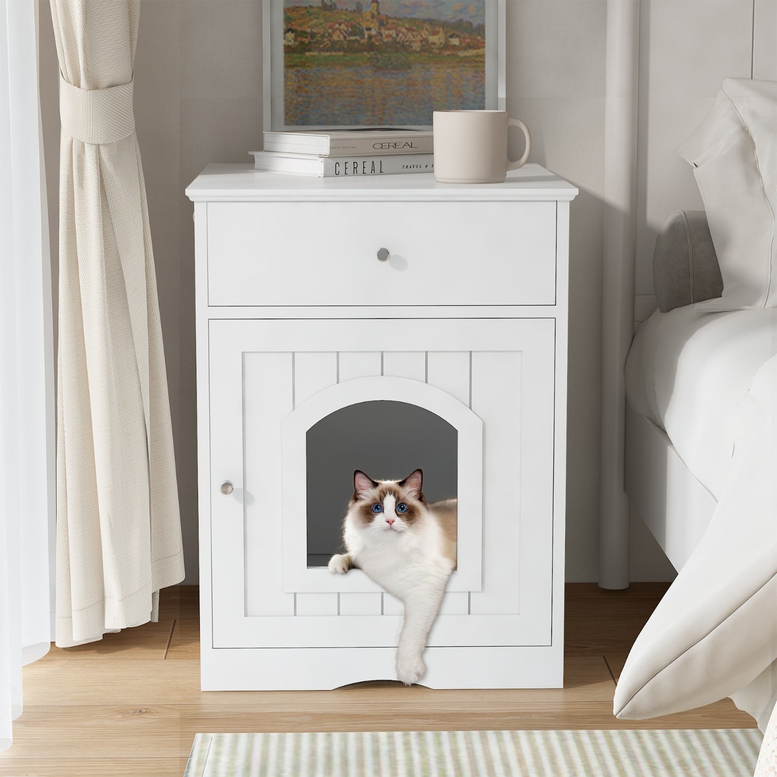 HKM-115219 Wooden Cat Litter Box Enclosure with Drawer, Indoor Pet Crate and Side Table - White